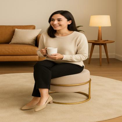 Imagem de Puffs Luxo Estofado Linho Bege com Aço Dourado kit 2 Banqueta Decorativa para Sala Quarto Escritório Penteadeira Elegant