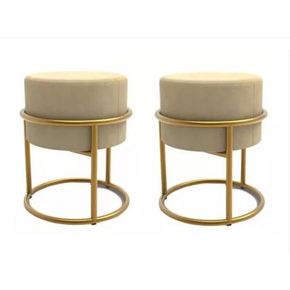 Imagem de Puffs Luxo Estofado Linho Bege com Aço Dourado kit 2 Banqueta Decorativa para Sala Quarto Escritório Penteadeira Elegant