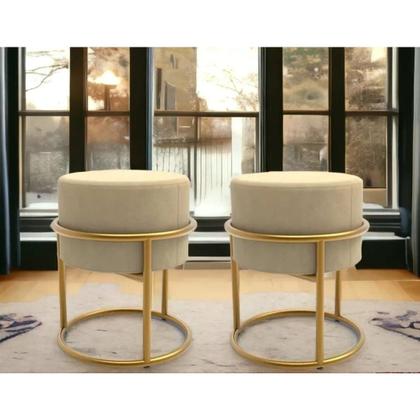 Imagem de Puffs Luxo Estofado Linho Bege com Aço Dourado kit 2 Banqueta Decorativa para Sala Quarto Escritório Penteadeira Elegant