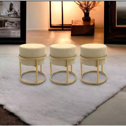 Imagem de Puffs Luxo Estofado Linho Bege com Aço Dourado kit 2 Banqueta Decorativa para Sala Quarto Escritório Penteadeira Elegant