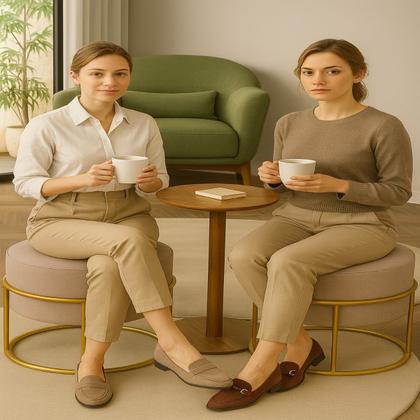 Imagem de Puffs Luxo Estofado Linho Bege com Aço Dourado kit 2 Banqueta Decorativa para Sala Quarto Escritório Penteadeira Elegant