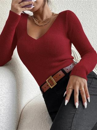 Imagem de Pulôver Feminino de Malha Canelada com Decote V - Manga Longa - Estilo Y2K