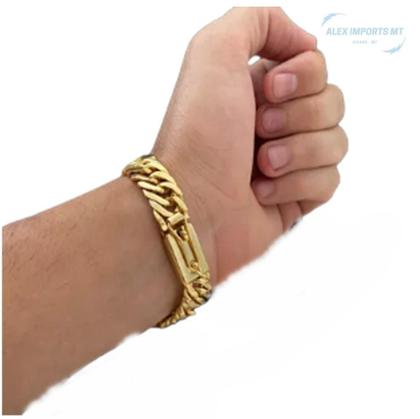 Imagem de Pulseira 13Mm Grumet Lacraia Banhado Ouro 18K Elos Duplos