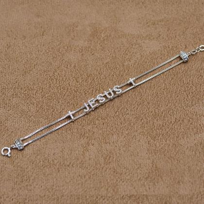 Imagem de Pulseira 18cm "JESUS" Cravejado Zircônias Brancas Prata 925