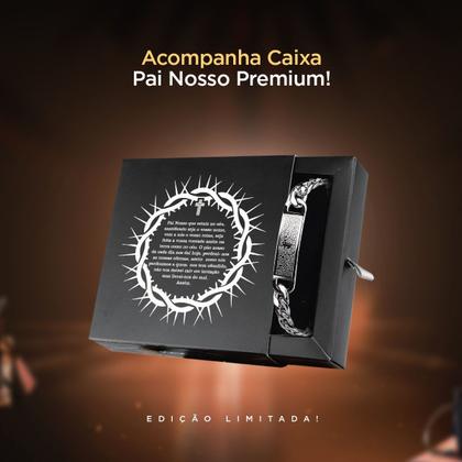 Imagem de pulseira aço inox prata masculina oracao pai nosso + caixa social presente original ajustavel religiosa jesus casual