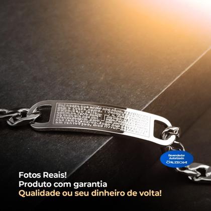 Imagem de pulseira aço inox prata masculina oracao pai nosso + caixa social presente original ajustavel religiosa jesus casual