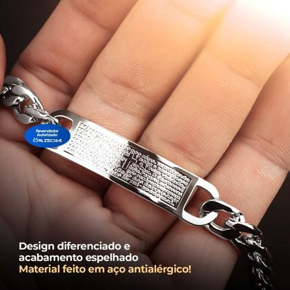 Imagem de pulseira aço inox prata masculina oracao pai nosso + caixa social presente original ajustavel religiosa jesus casual
