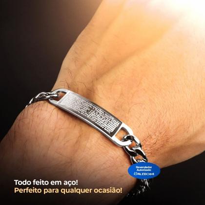 Imagem de pulseira aço inox prata masculina oracao pai nosso + caixa social presente original ajustavel religiosa jesus casual