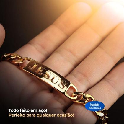 Imagem de Pulseira Banhada Aço Dourada Ouro Jesus Cristo Presente