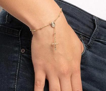 Imagem de Pulseira banhado ouro 3x 24k 18k e 22k unissex com pingentes berloques terço medalha sagrado coração de maria rommanel 551675