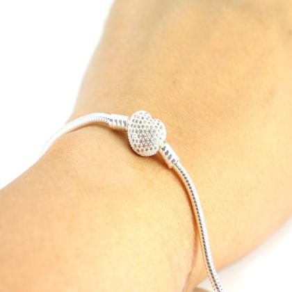 Imagem de Pulseira Berloqueira Fecho Coração Cravejada Prata Legit 925