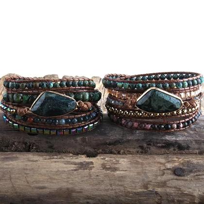 Imagem de Pulseira Boho com Pedras Naturais - 5 Fios, Turquesa e Verde