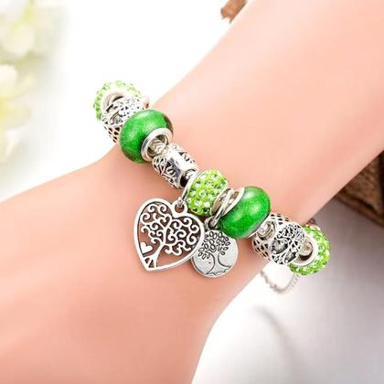 Imagem de Pulseira Bracelete com Berloques Completa Arvore da Vida Verde e Prata