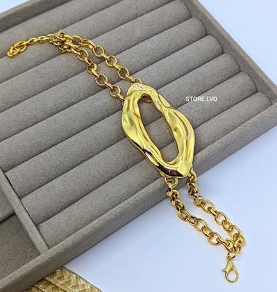 Imagem de Pulseira Bracelete Corrente  Elo Português Dupla com Pingente Orgânico Vazado Folheado Ouro Tendência Moda