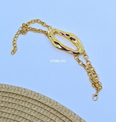 Imagem de Pulseira Bracelete Corrente  Elo Português Dupla com Pingente Orgânico Vazado Folheado Ouro Tendência Moda