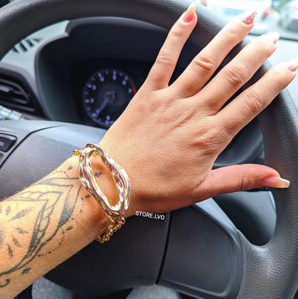 Imagem de Pulseira Bracelete Corrente  Elo Português Dupla com Pingente Orgânico Vazado Folheado Ouro Tendência Moda