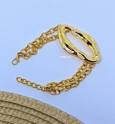 Imagem de Pulseira Bracelete Corrente  Elo Português Dupla com Pingente Orgânico Vazado Folheado Ouro Tendência Moda