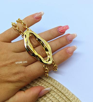 Imagem de Pulseira Bracelete Corrente  Elo Português Dupla com Pingente Orgânico Vazado Folheado Ouro Tendência Moda