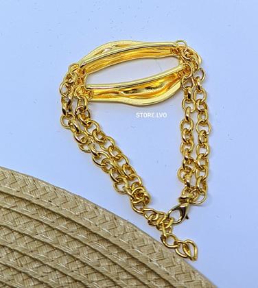 Imagem de Pulseira Bracelete Corrente  Elo Português Dupla com Pingente Orgânico Vazado Folheado Ouro Tendência Moda