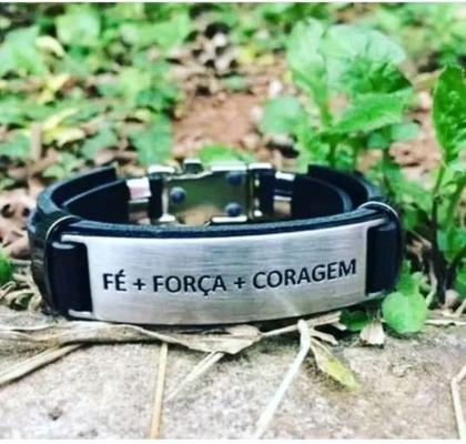 Imagem de Pulseira Bracelete Couro Sintético Ajustável Masculino Feminino Placa Aço Inox Fé Força Coragem Religiosas Luxo