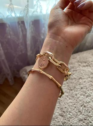 Imagem de Pulseira Bracelete Dourada Corrente Conjunto 2 Peças I4506