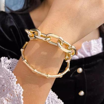 Imagem de Pulseira Bracelete Dourada Corrente Conjunto 2 Peças I4506