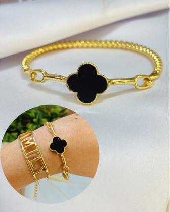 Imagem de Pulseira Bracelete Fio Torcido Rígido com Pingente Flor Trevo Folheado Ouro Luxo Festa Casamento Inspiração Virginia