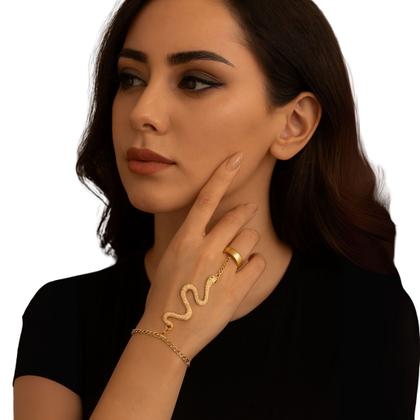 Imagem de Pulseira com Anel Dourada Cobra Estilo Festa Elegante Luxo
