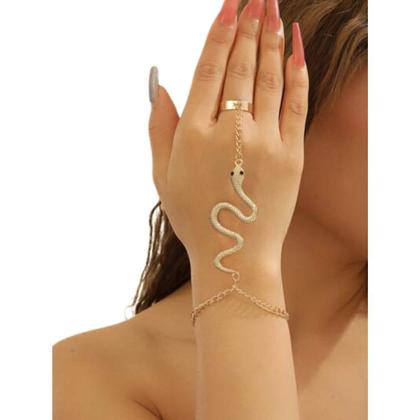 Imagem de Pulseira com Anel Dourada Cobra Estilo Festa Elegante Luxo
