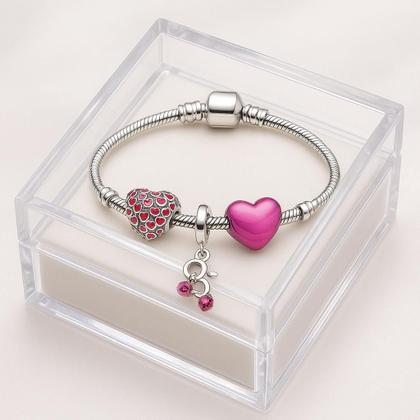 Imagem de Pulseira com Berloques Prateado Estilo Pandora. Coração Rosa