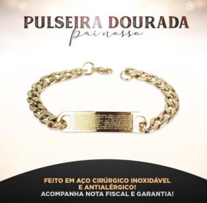 Imagem de Pulseira Corrente Masculino Elos com Placa Oração Pai Nosso 10mm Aço Inoxidável 316L Inox Dourado Prata