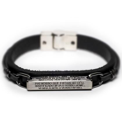 Imagem de Pulseira Couro Masculina Pai Nosso Prata E Preto