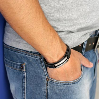 Imagem de Pulseira Couro Metal Duplo