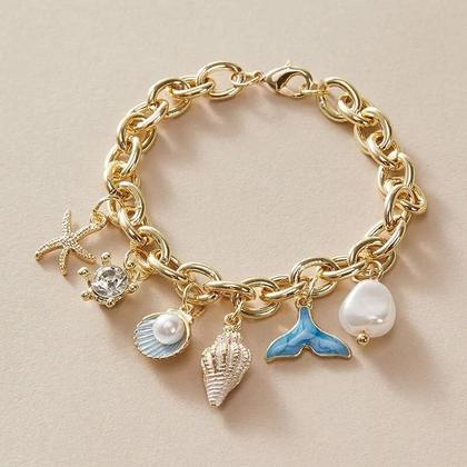 Imagem de Pulseira De Concha De Estrela Do Mar Com Pérola Imitada Dourada Para Mulheres, Joias De Verão Para