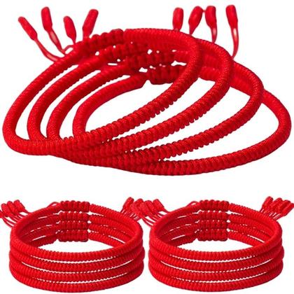 Imagem de Pulseira de Corda Trançada  Amuleto da Sorte Vermelho Artesanal Tibetano