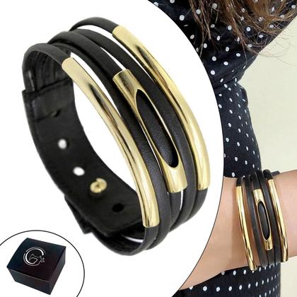 Imagem de Pulseira de Couro Feminina Ajustável Tubinho  Detalhes Dourado Elegante Preto