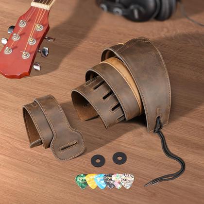 Imagem de Pulseira de guitarra em couro POGOLAB com 7,62 cm de largura com fechaduras e palhetas