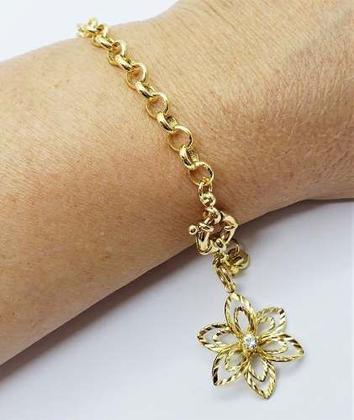 Imagem de Pulseira Elos Portugueses Flor Diamantada Banho Ouro 3191C