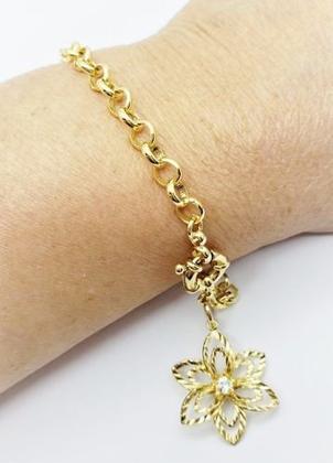 Imagem de Pulseira Elos Portugueses Flor Diamantada Banho Ouro 3191C