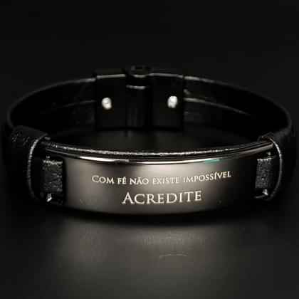 Imagem de Pulseira em couro com fecho magnético com fé não existe impossível