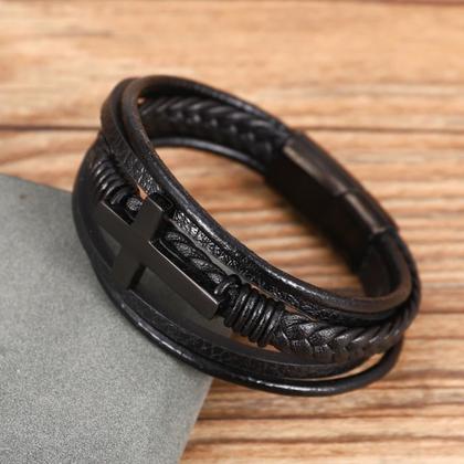 Imagem de Pulseira em couro masculina feminina multi camada cruz aço inoxidável