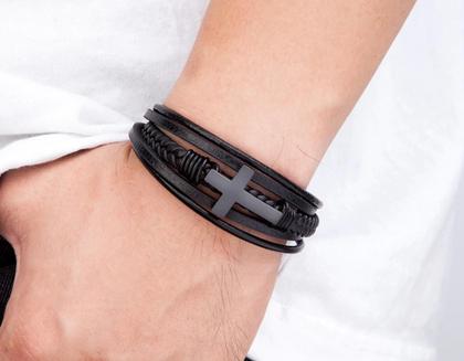 Imagem de Pulseira em couro masculina feminina multi camada cruz aço inoxidável