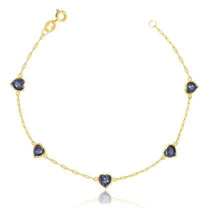 Imagem de Pulseira Feminina Em Ouro 18k Pedras Coração De Zircônia 5mm Azul Safira