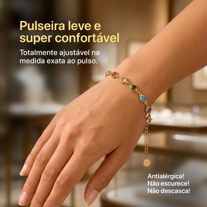 Imagem de pulseira feminina ouro zirconias aço inox + saquinho social dourada presente casual qualidade premium