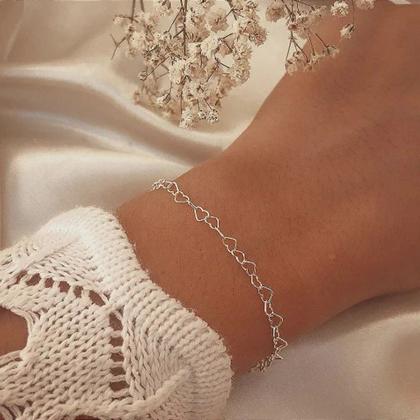 Imagem de Pulseira Feminina prata 925 Coração 18cm Banhada Delicada