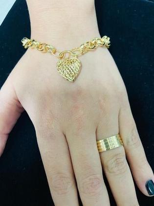 Imagem de Pulseira Grossa Feminina Ouro 18k Coração Fecho Pega Ladrão