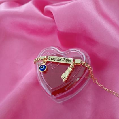 Imagem de Pulseira Infantil Chapa Figa e Olho Grego com Nome Banho Ouro