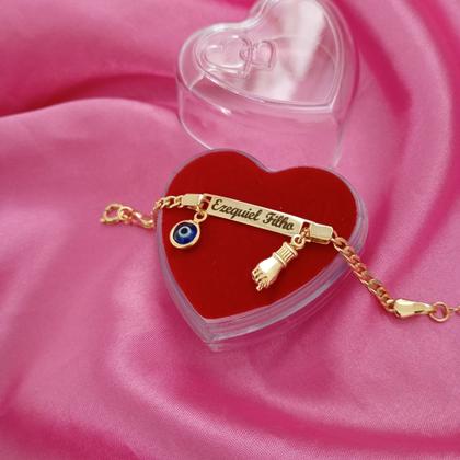 Imagem de Pulseira Infantil Chapa Figa e Olho Grego com Nome Banho Ouro