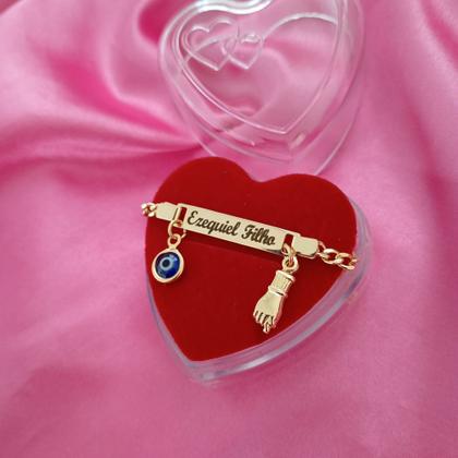 Imagem de Pulseira Infantil Chapa Figa e Olho Grego com Nome Banho Ouro