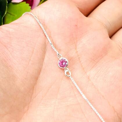 Imagem de Pulseira Infantil Criança Pedra Zirconia Rosa Prata Legitima 925